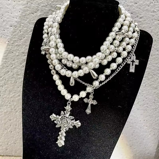 Layered cross pearl necklace 1 piece