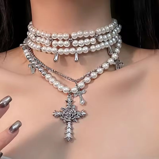Layered cross pearl necklace 1 piece